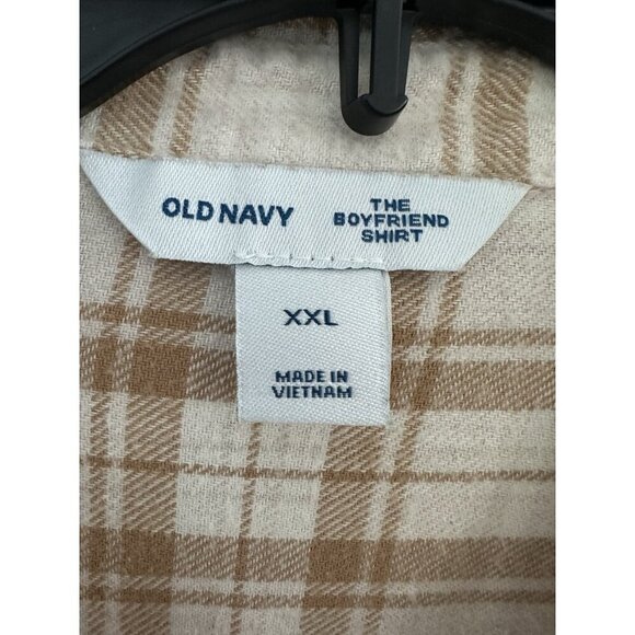 Old Navy Top The Boyfriend Shirt XXL Relaxed Cream Plaid Flannel Cotton Workwear - Picture 2 of 8
